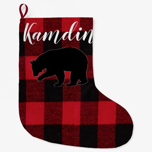 Personalised Stocking Red Buffalo Plaid Bear Black (Front)