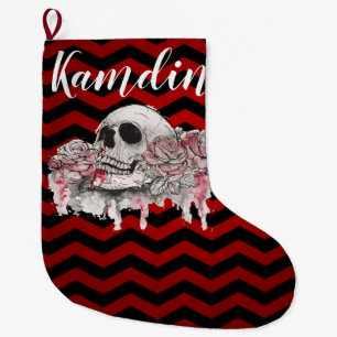 Personalised Stocking skull Rose goth Chevron red