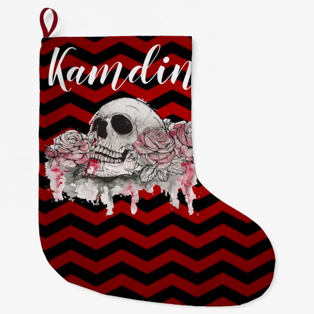 Personalised Stocking skull Rose goth Chevron red (Front)