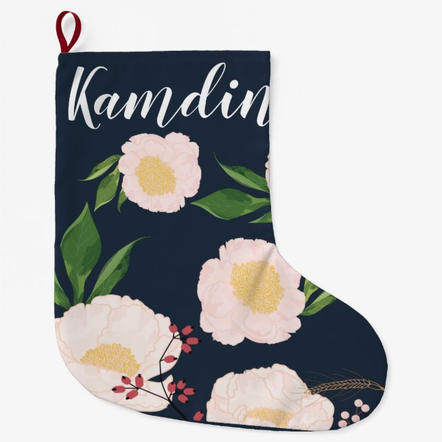 Personalised Stocking White Floral Flowers on Dark (Front)
