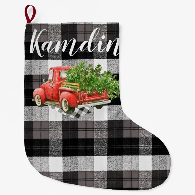Personalised Stocking XMAS Truck Baffalo Plaid Bla (Front)