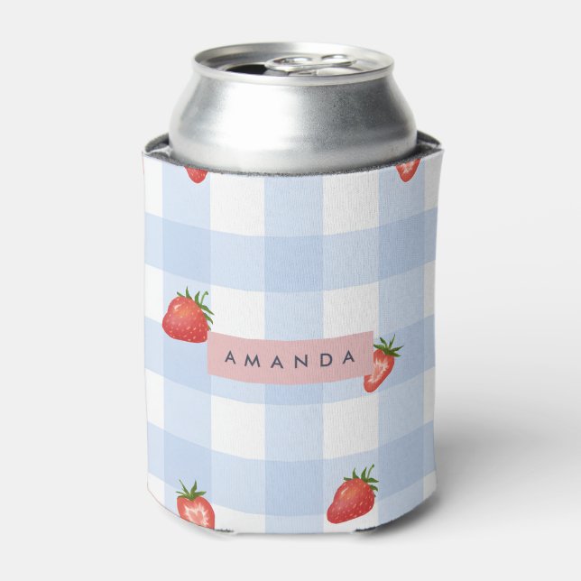 Personalised Strawberry & Blue Gingham Pattern Can Cooler (Can Front)