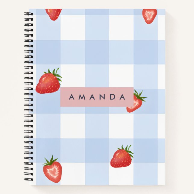Personalised Strawberry & Blue Gingham Pattern Notebook (Front)