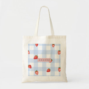 Personalised Strawberry & Blue Gingham Pattern Tote Bag