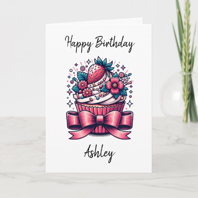 Personalised Strawberry Cupcake | Happy Birthday Card (Front)