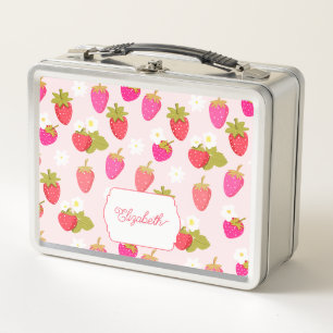 Personalised Strawberry Cute Pink Cottagecore Metal Lunch Box