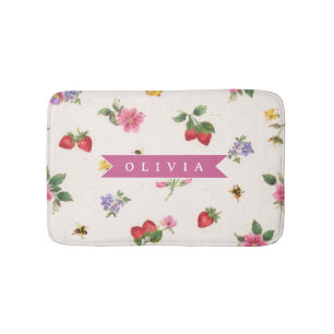 Personalised Strawberry Garden Bee Cottagecore Bath Mat