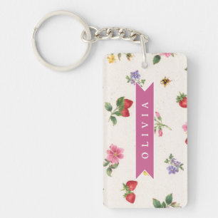 Personalised Strawberry Garden Bee Cottagecore Key Ring