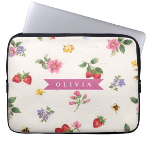 Personalised Strawberry Garden Bee Cottagecore Laptop Sleeve