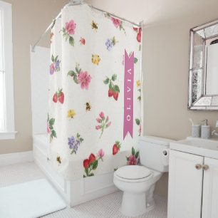 Personalised Strawberry Garden Bee Cottagecore Shower Curtain