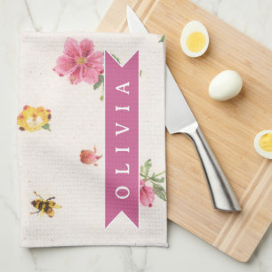 Personalised Strawberry Garden Bee Cottagecore Tea Towel