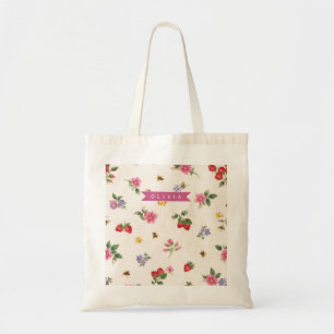 Personalised Strawberry Garden Bee Cottagecore Tote Bag