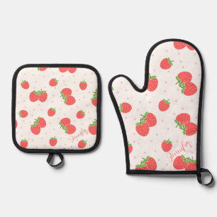 Personalised Strawberry Oven Mitt Cute Custom Kitc & Pot Holder Set