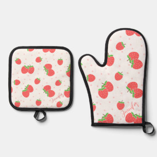 Personalised Strawberry Oven Mitt Cute Custom Kitc & Pot Holder Set