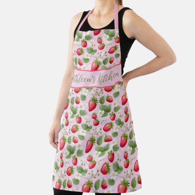 Personalised Strawberry Red Pink White Flowers  Apron (Insitu)