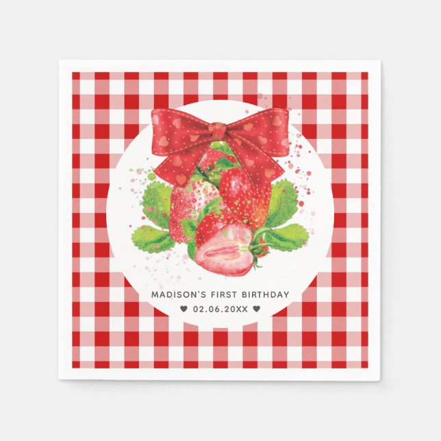 Personalised Strawberry Theme Birthday Cute Summer Napkin (Front)