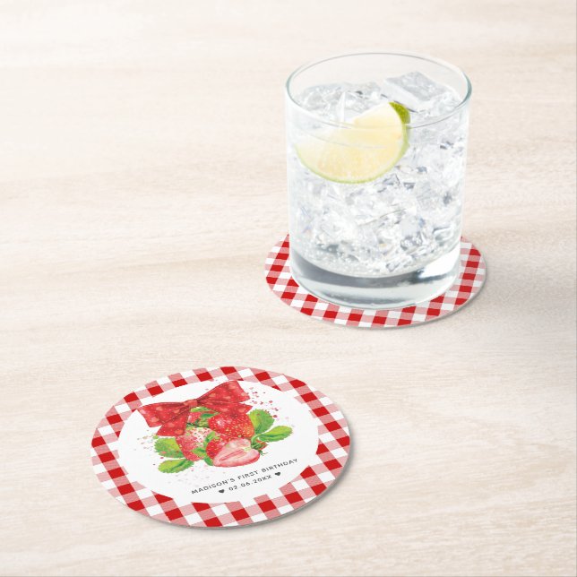 Personalised Strawberry Theme Birthday Summer Round Paper Coaster (Insitu)