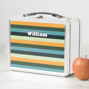 Personalised Stripe Pattern Monogram Blue Yellow Metal Lunch Box