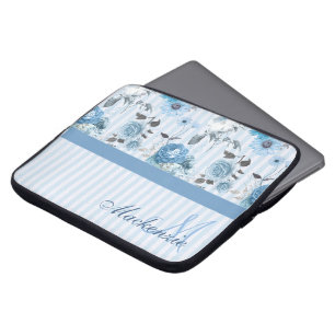 Personalised Striped Pattern With Blue Flowers Laptop Sleeve