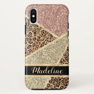 Personalised Striped Rose Gold Glitter Leopard iPhone XS Case
