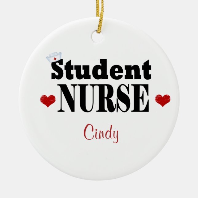 Personalised Student Nurse Hat and Hearts Ceramic Tree Decoration (Front)