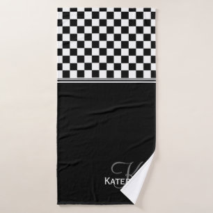 Personalised stylish black and white check bath towel set