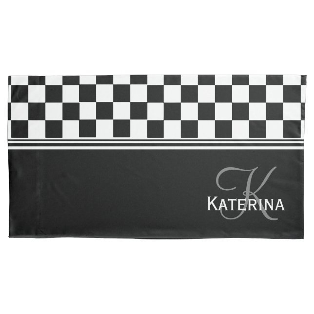 Personalised stylish black and white check pillowcase (Front)