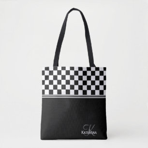 Personalised stylish black and white check tote bag