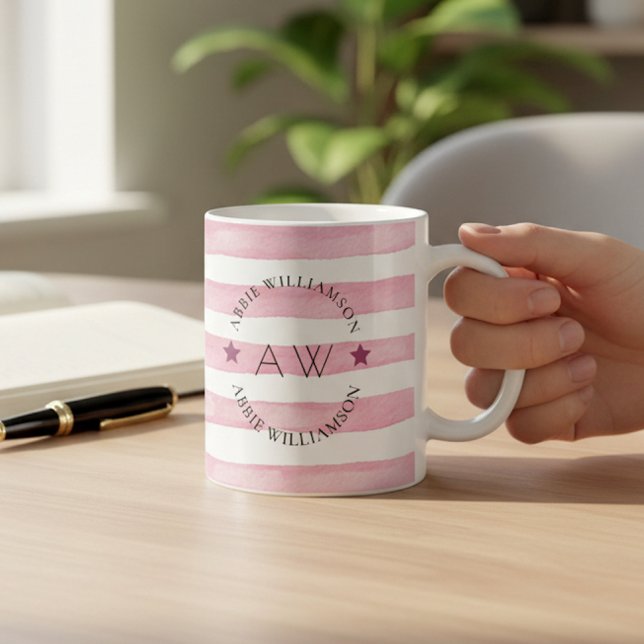 personalised stylish monogram pink stripes coffee mug (Creator Uploaded)