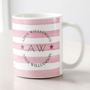 personalised stylish monogram pink stripes coffee mug