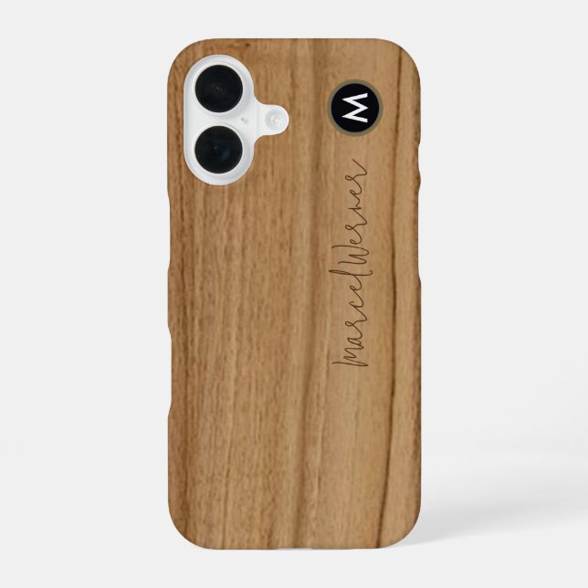 personalised stylish Monogram Rustic Wood iPhone 16 Case (Back)