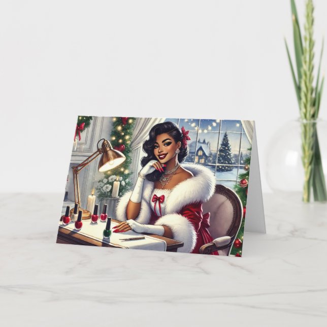 Personalised Stylish Mrs. Claus Getting Manicure  Holiday Card (Front)