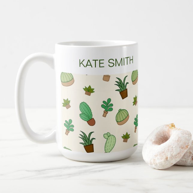Personalised Succulent and Cactus in a Pot Pattern Coffee Mug (With Donut)