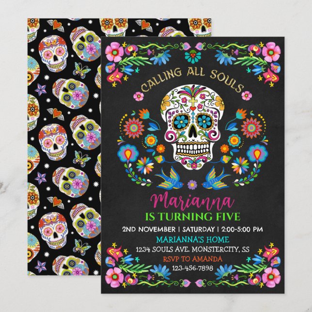 Personalised Sugar Skull Birthday Party Invitation (Front/Back)