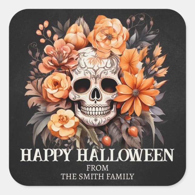 Personalised Sugar Skull Halloween Square Sticker (Front)