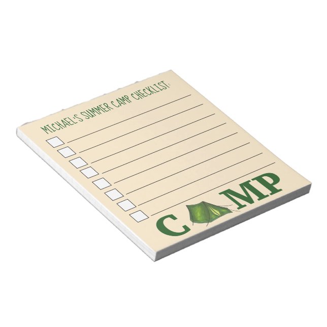 Personalised Summer Camp Checklist Green Tent Notepad (Angled)