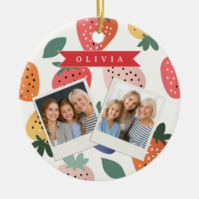 Personalised Summer Colourful Strawberry Pattern Ceramic Tree Decoration (Front)