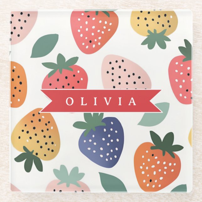 Personalised Summer Colourful Strawberry Pattern Glass Coaster (Front)