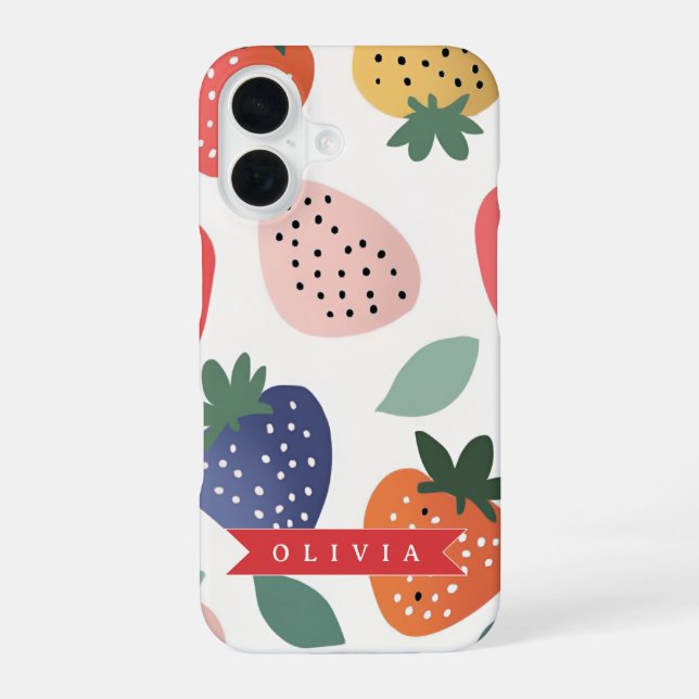 Personalised Summer Colourful Strawberry Pattern iPhone 16 Case (Back)
