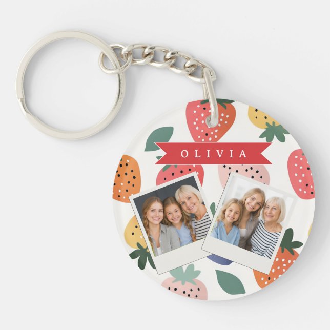 Personalised Summer Colourful Strawberry Pattern Key Ring (Front)