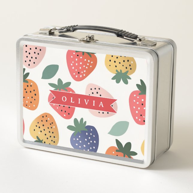 Personalised Summer Colourful Strawberry Pattern Metal Lunch Box (Front)