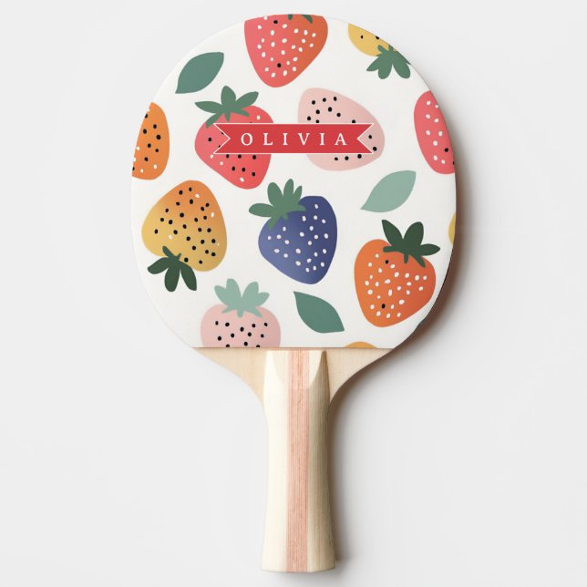Personalised Summer Colourful Strawberry Pattern Ping Pong Paddle (Front)
