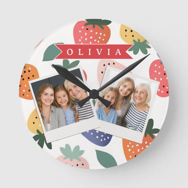 Personalised Summer Colourful Strawberry Pattern Round Clock (Front)