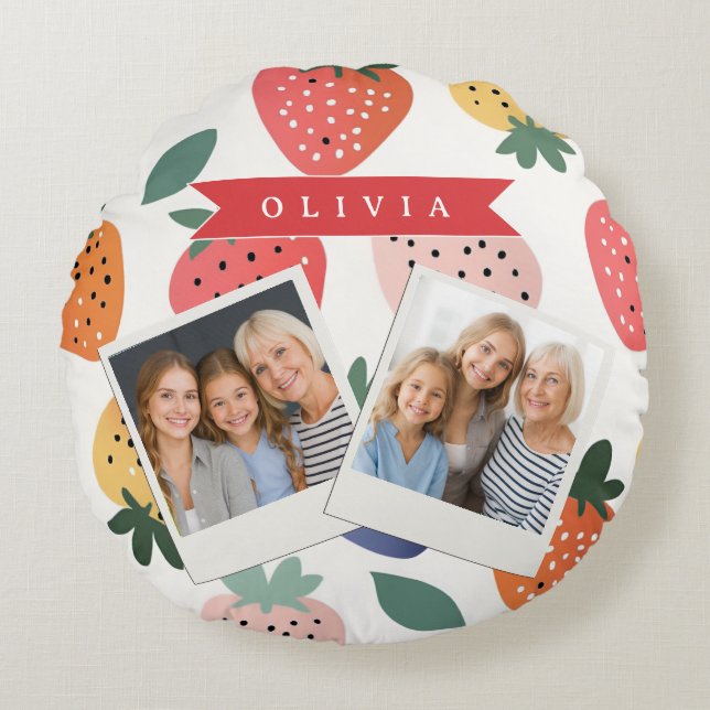 Personalised Summer Colourful Strawberry Pattern Round Cushion (Front)