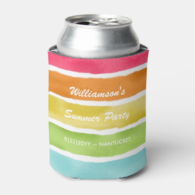 Personalised Summer Party Fun Colourful Striped Can Cooler (Can Front)