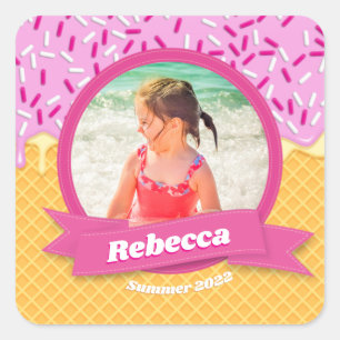 Personalised Summer Pink Ice Cream Waffle Photo  Square Sticker