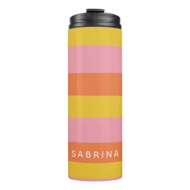 Personalised Summer Stripes Pink Yellow Orange Thermal Tumbler (Front)