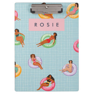 Personalised Summer Women Relaxing on Pool Floats Clipboard