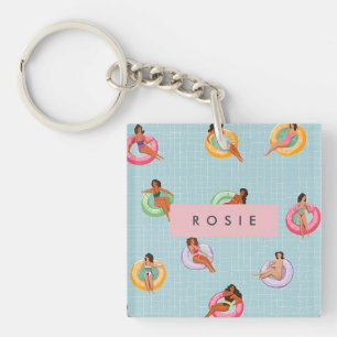Personalised Summer Women Relaxing on Pool Floats Key Ring