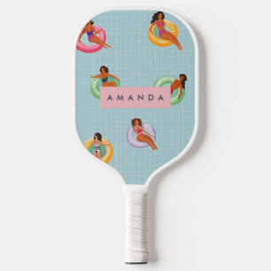 Personalised Summer Women Relaxing on Pool Floats Pickleball Paddle